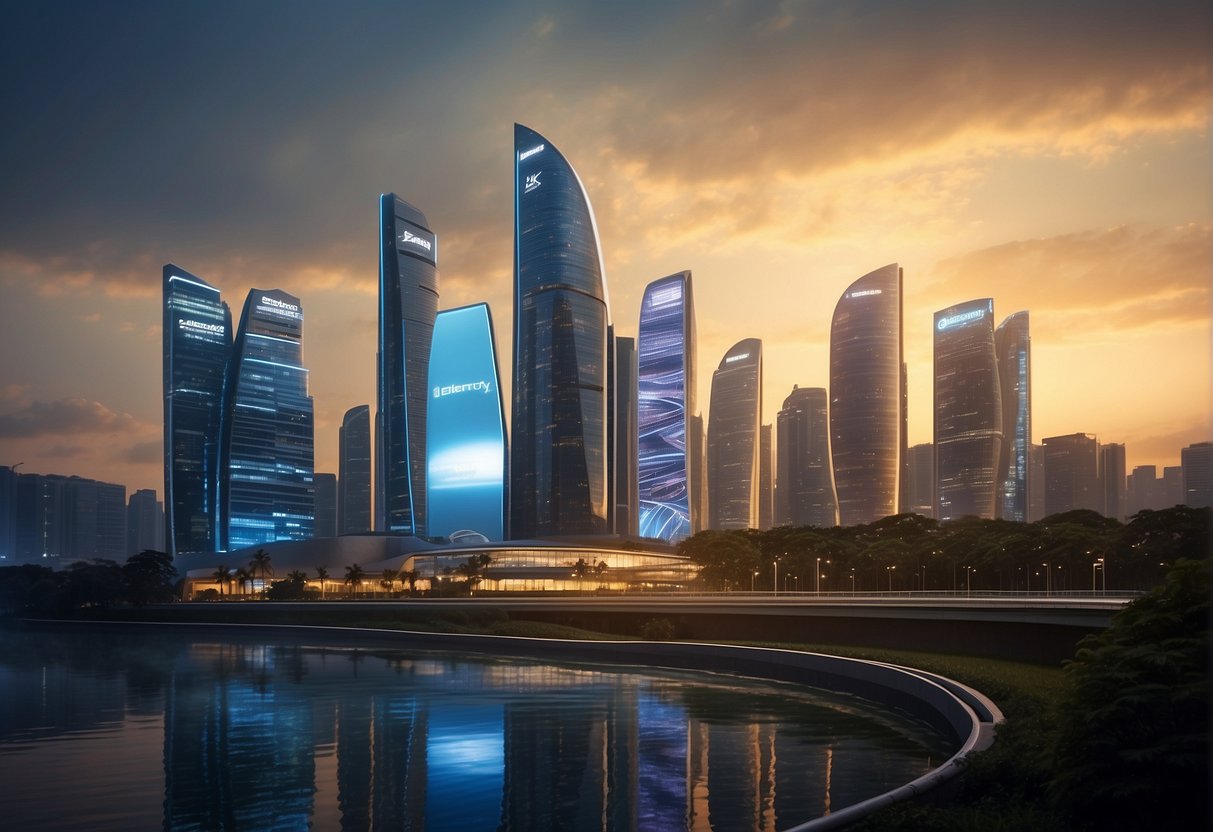 A futuristic city skyline with bright, glowing energy promotions billboards from Sembcorp Electricity in Singapore, set against a backdrop of sleek, modern architecture