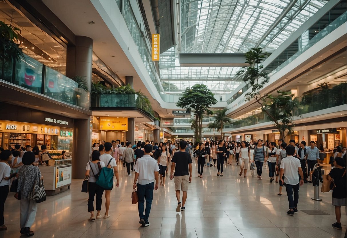 The bustling ishopchangi promotions in Singapore, with vibrant signage and excited shoppers taking advantage of exclusive deals