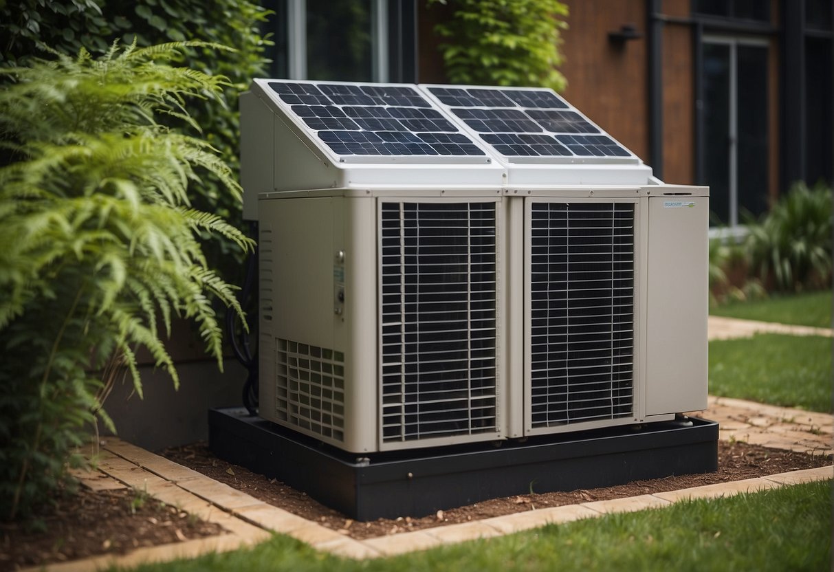 A well-maintained HVAC system surrounded by greenery and solar panels, emitting clean air and saving energy