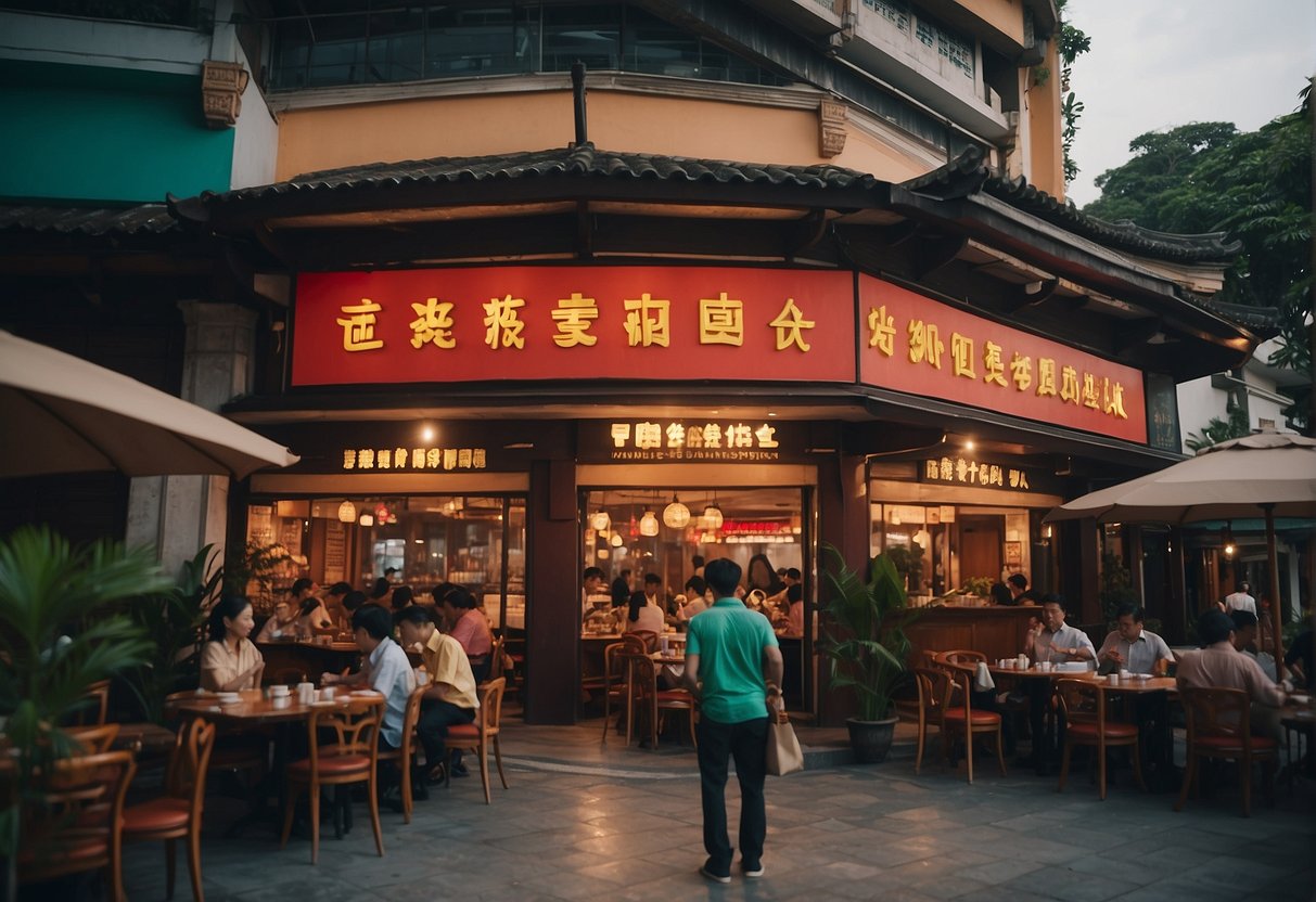 A bustling restaurant with vibrant decor and a sign advertising "Putien Promotions Singapore" in the foreground