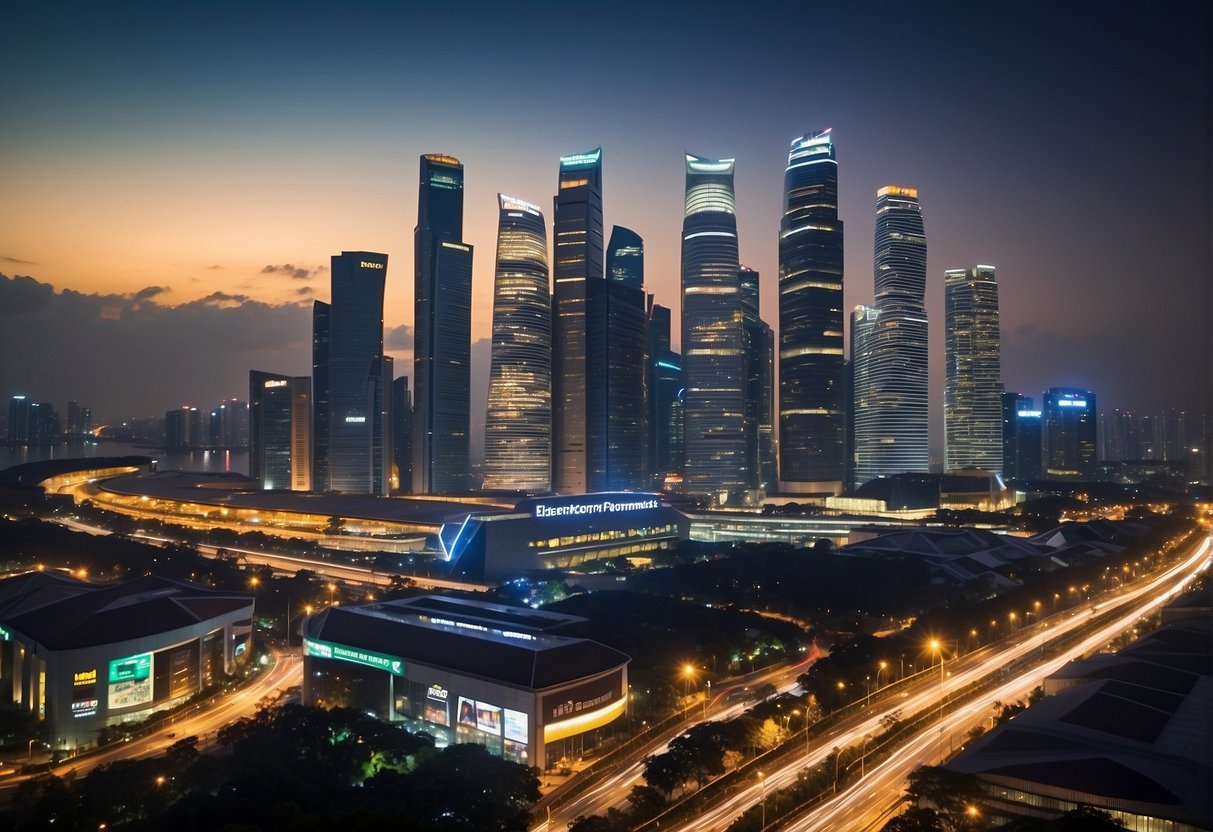 A bustling cityscape with glowing neon signs advertising Sembcorp electricity promotions in Singapore. Skyscrapers loom in the background as futuristic utility services hum with activity