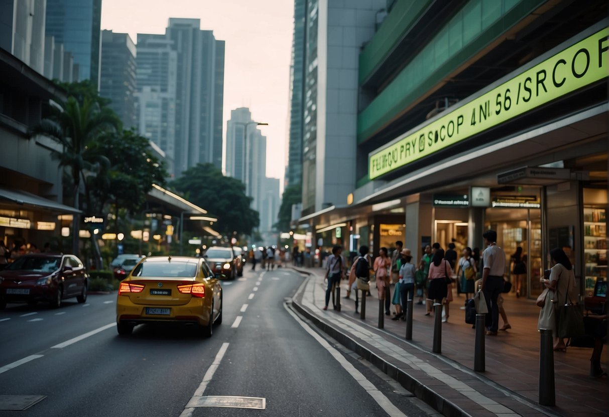 A bustling city street with a prominent sign for "Frequently Asked Questions" about Sembcorp electricity promotions in Singapore