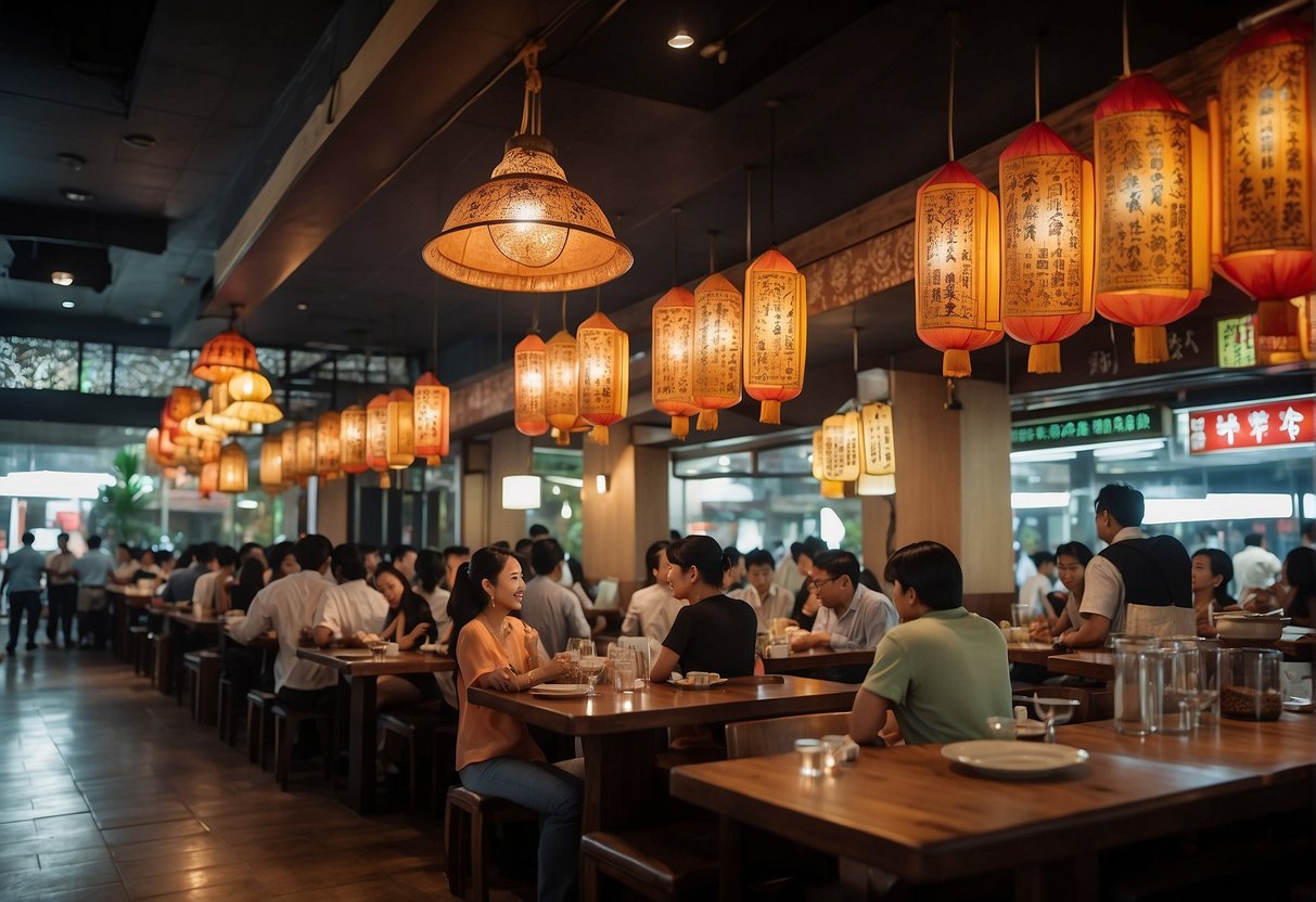 A bustling restaurant with colorful banners showcasing Putien's latest promotions, including special dishes and discounts. Customers are seen enjoying their meals at the tables