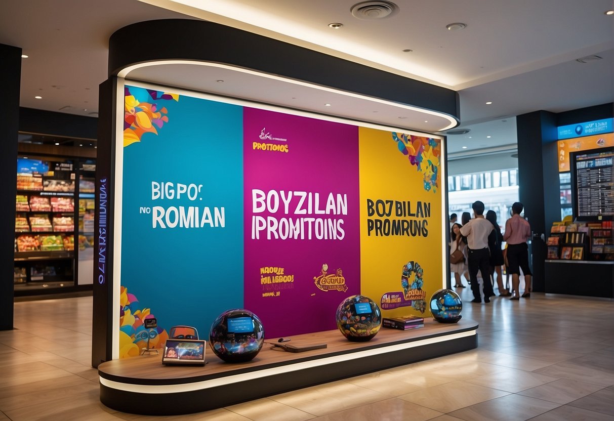 A colorful and vibrant promotional display featuring the words "boyzilian promotions Singapore" with eye-catching graphics and attention-grabbing designs