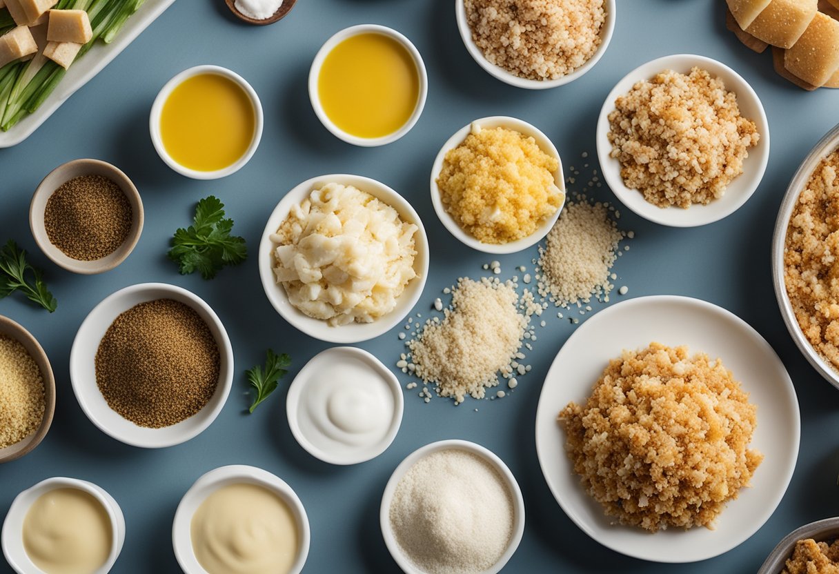 Fresh crab meat, breadcrumbs, mayonnaise, mustard, and seasonings are laid out on a clean, organized kitchen counter for a crab cake recipe