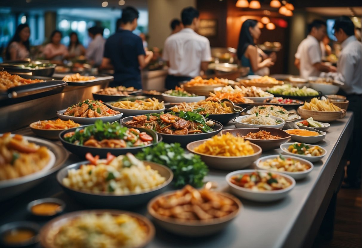 Colorful buffet spread with a variety of Asian and international dishes, surrounded by happy diners enjoying the promotional offerings in a lively restaurant setting in Singapore