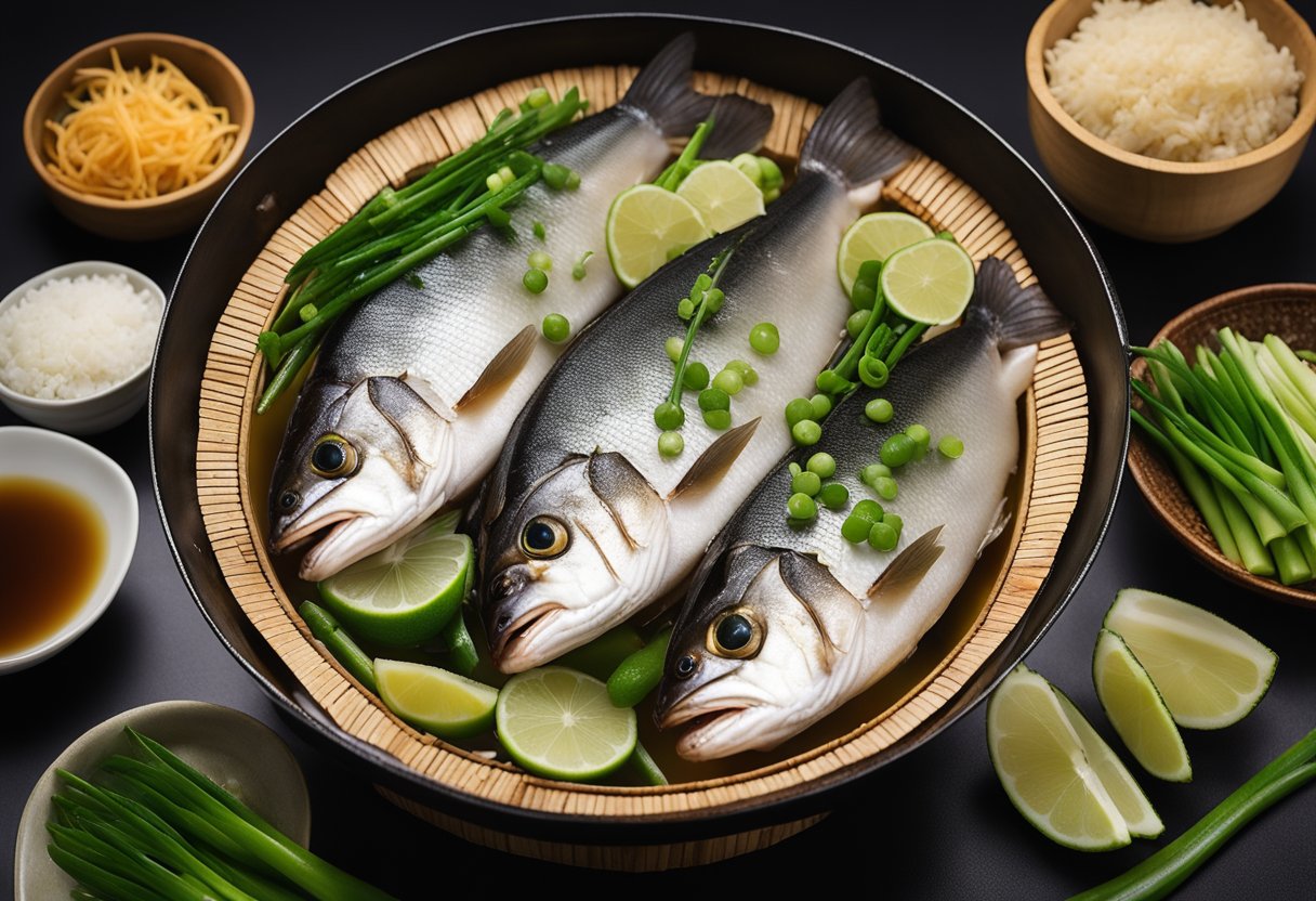 A whole fish steaming in a bamboo steamer, surrounded by slices of ginger, green onions, and drizzled with soy sauce