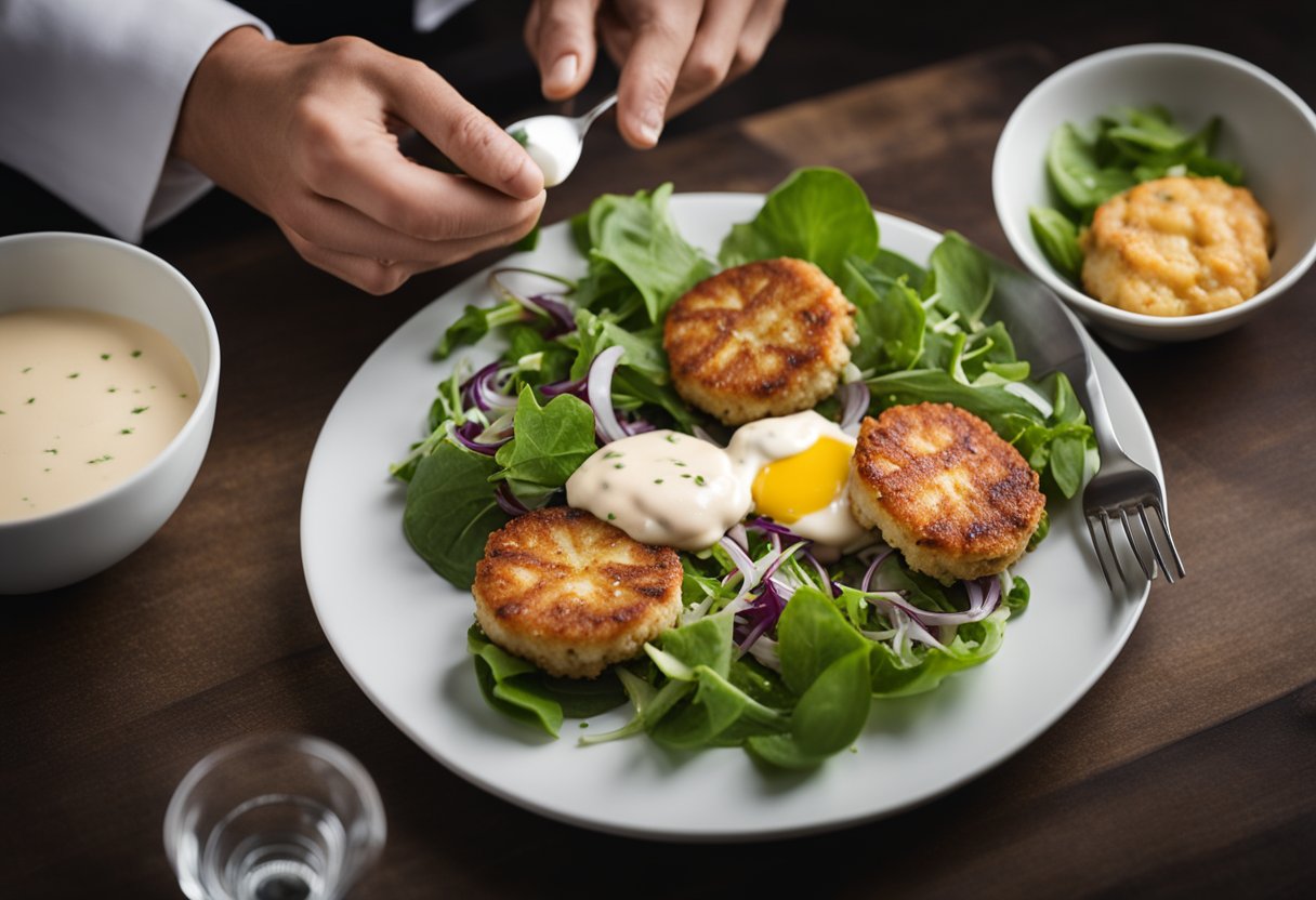 A chef prepares and serves crab cakes on a white plate with a side of fresh salad and a drizzle of aioli sauce