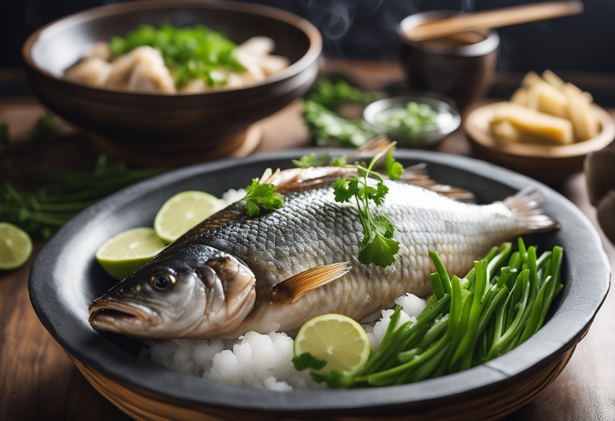 A whole fish steaming in a bamboo steamer, surrounded by slices of ginger, green onions, and cilantro, with a drizzle of soy sauce