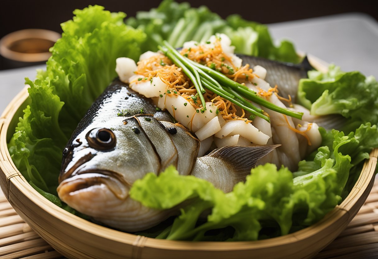 A whole fish, steamed in a bamboo steamer, garnished with ginger, scallions, and soy sauce, served on a bed of lettuce