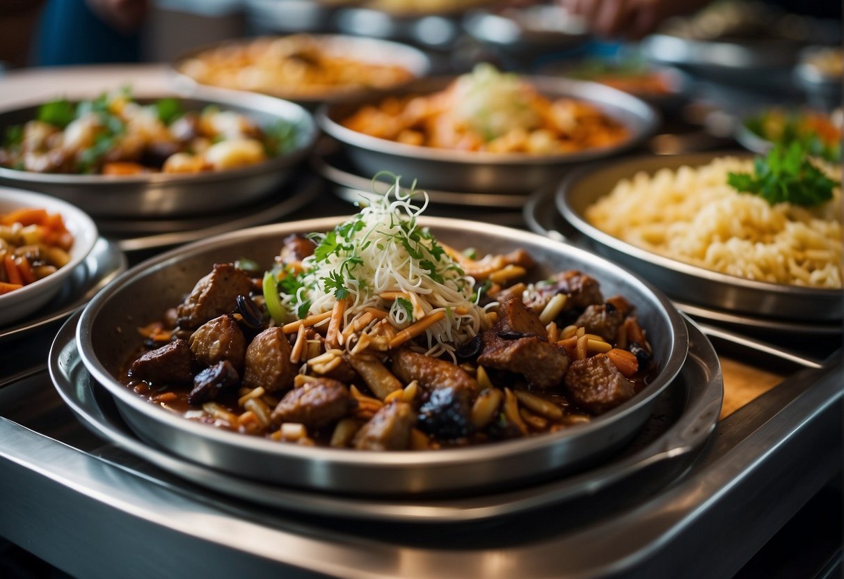 A bustling buffet spread of local and Asian dishes, with vibrant colors and enticing aromas, beckoning hungry diners to indulge in a gastronomic feast