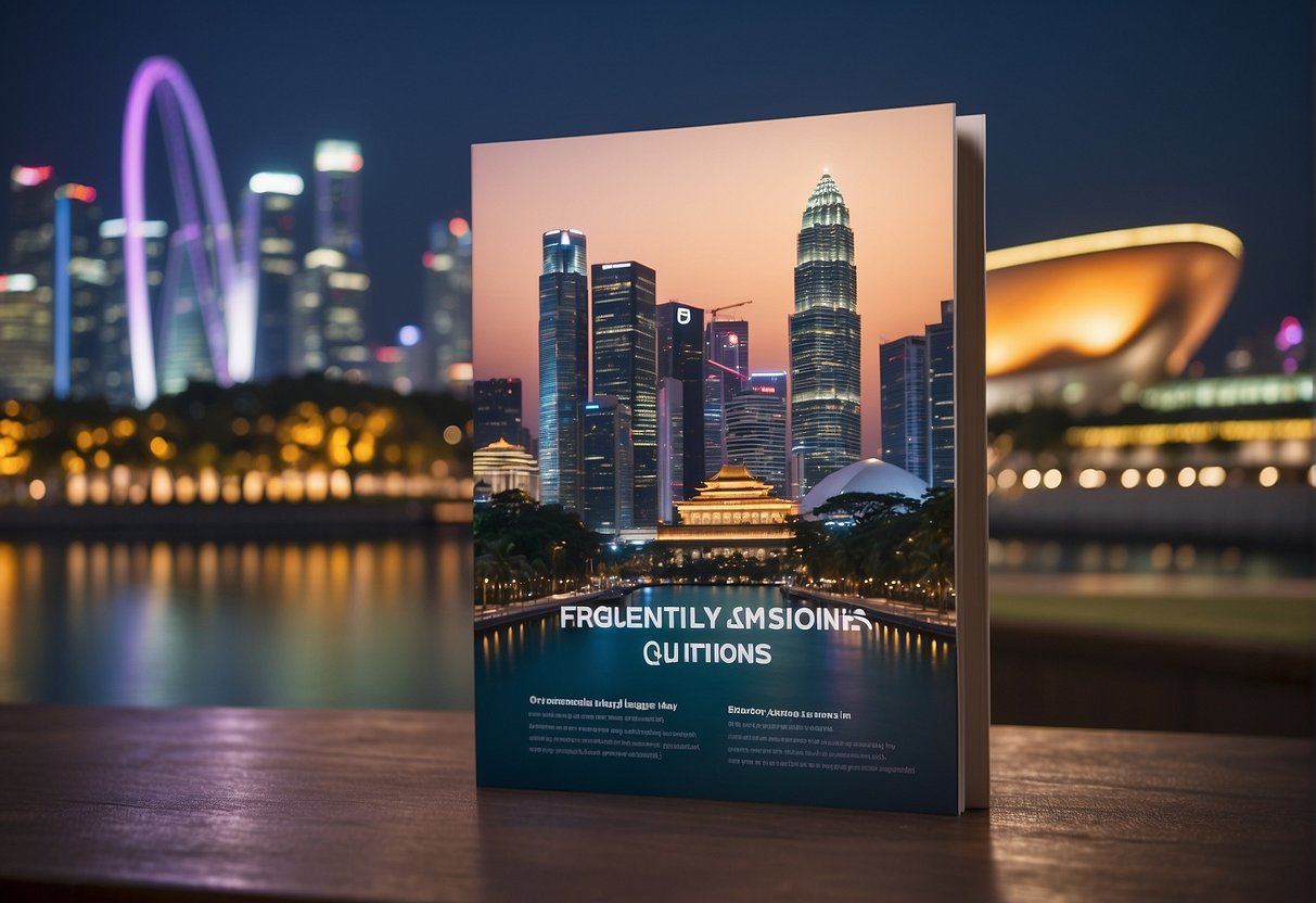 A promotional poster showcasing a stack of "Frequently Asked Questions" pamphlets against a backdrop of iconic Singapore landmarks
