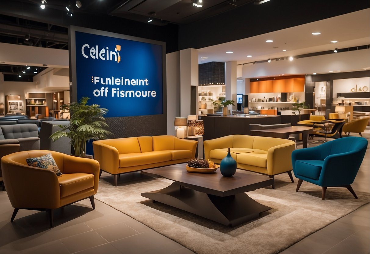 A vibrant display of Cellini furniture with bold "Sizzling Savings" signage in a sleek Singapore showroom