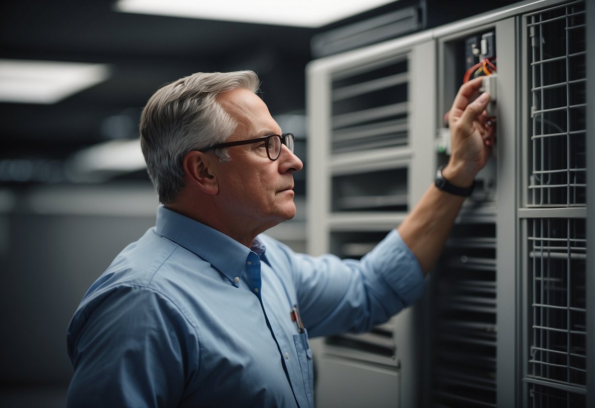 A government official inspects a modern HVAC system, checking for compliance with regional efficiency standards