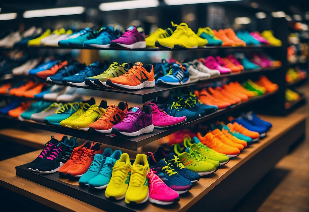 Brightly colored running shoes displayed on shelves with promotional signs in a bustling Singapore store