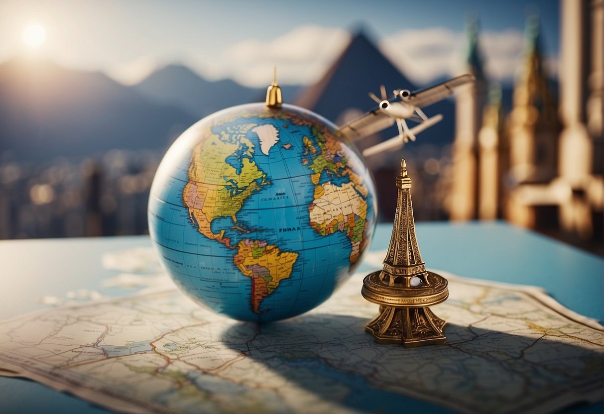 A globe surrounded by iconic landmarks, with a plane flying overhead and a map in the background