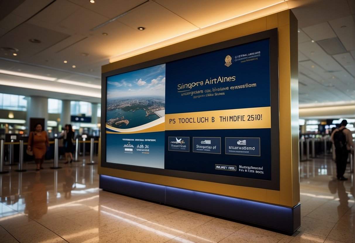 A Singapore Airlines voucher promotion displayed at an airport, with exclusive deals highlighted for travelers to see