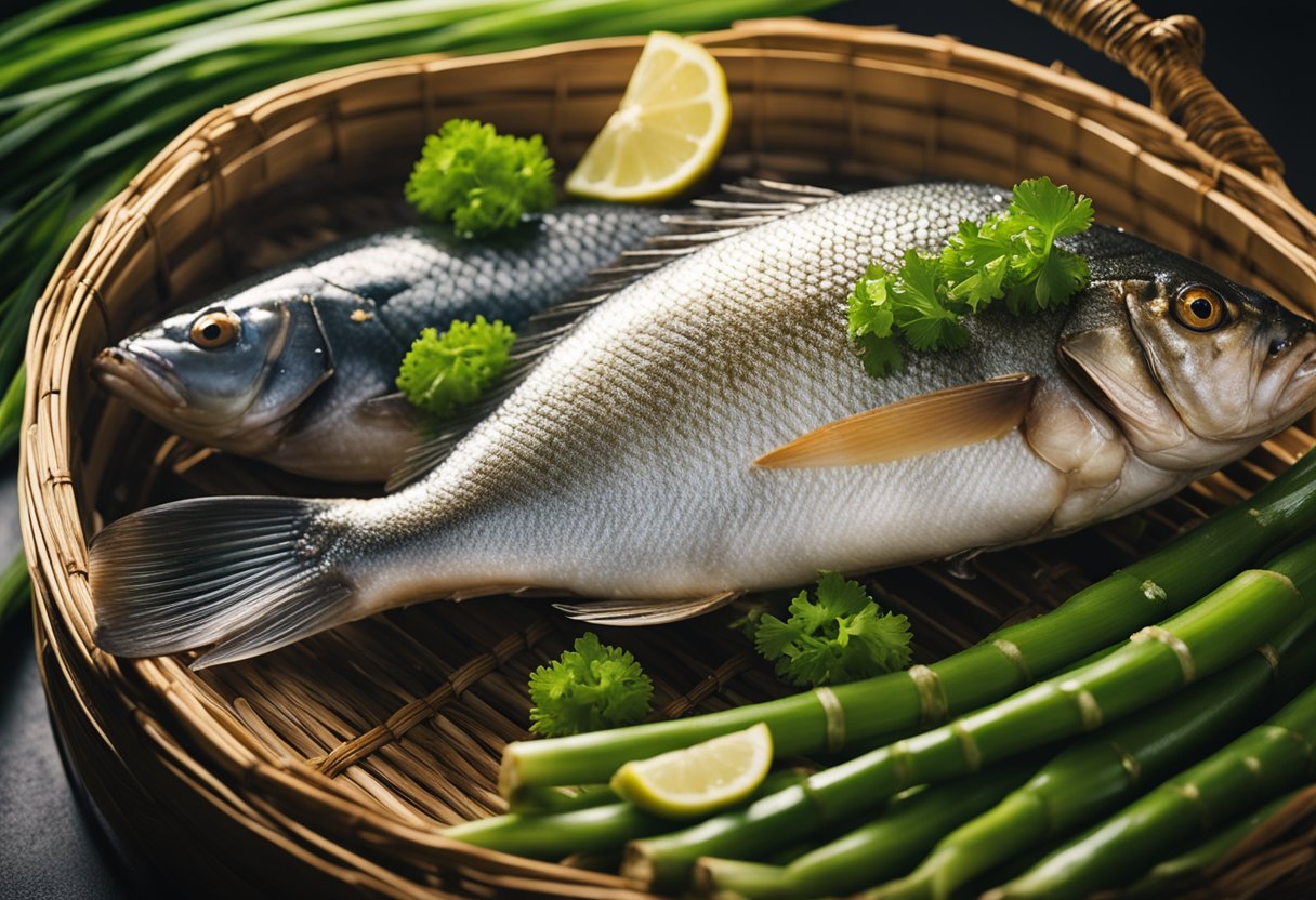 A whole fish lies on a bed of ginger and scallions, surrounded by a steaming bamboo steamer. Soy sauce and sesame oil glisten on its shiny skin