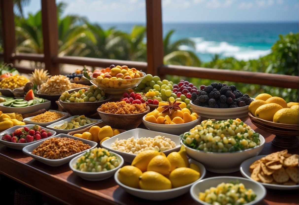 A vibrant buffet spread of Western and Oceanic dishes, adorned with colorful fruits and exotic spices, set against a backdrop of lush greenery and sparkling ocean views