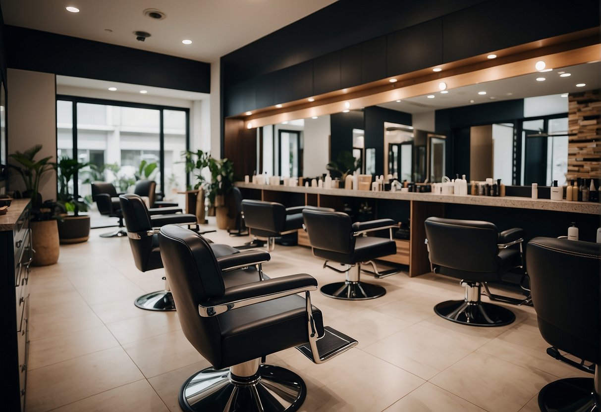 A salon chair with a client's hair being treated, surrounded by rebonding products and promotional materials in a modern Singaporean salon