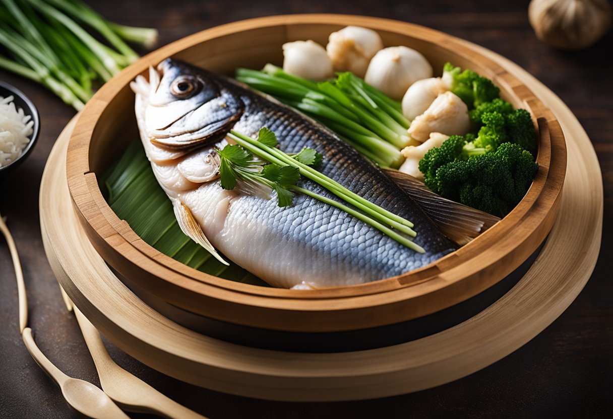 A whole fish steaming in a bamboo steamer, surrounded by ginger, garlic, and green onions. A small dish of soy sauce and a spoon next to the steamer