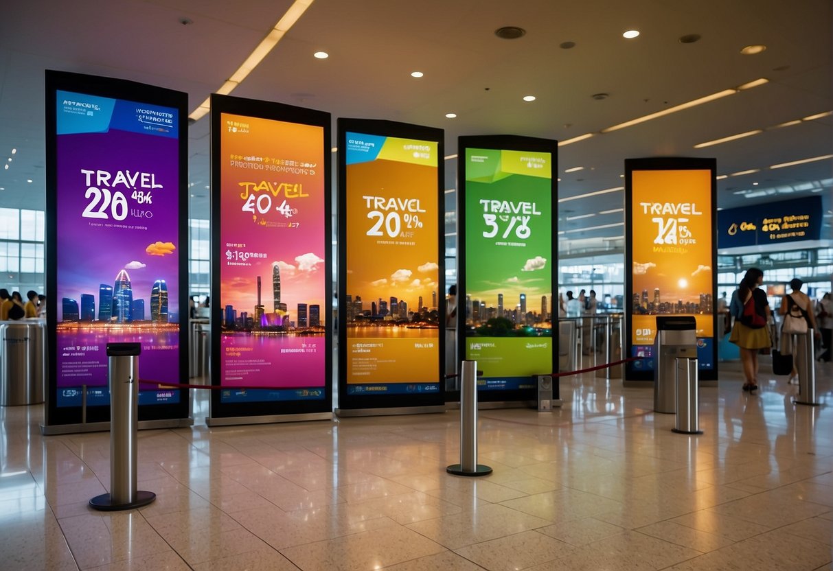 Colorful banners display "Travel Promotions for 2024" at Singapore airport. Vouchers and brochures fill the counter. Excited travelers gather around, eager to grab the deals