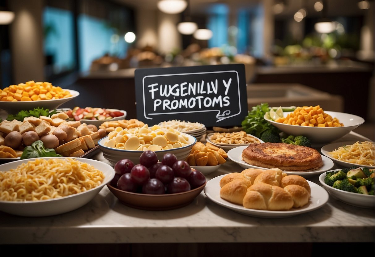 A buffet table filled with various food items and a sign promoting "Frequently Asked Questions" buffet promotions in Singapore