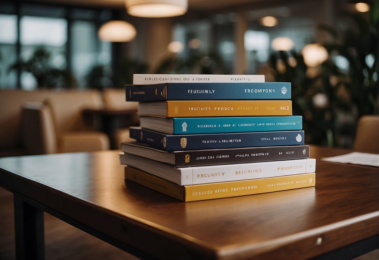 A table with a stack of brochures and a sign reading "Frequently Asked Questions - Cellini Promotions Singapore" in a brightly lit room