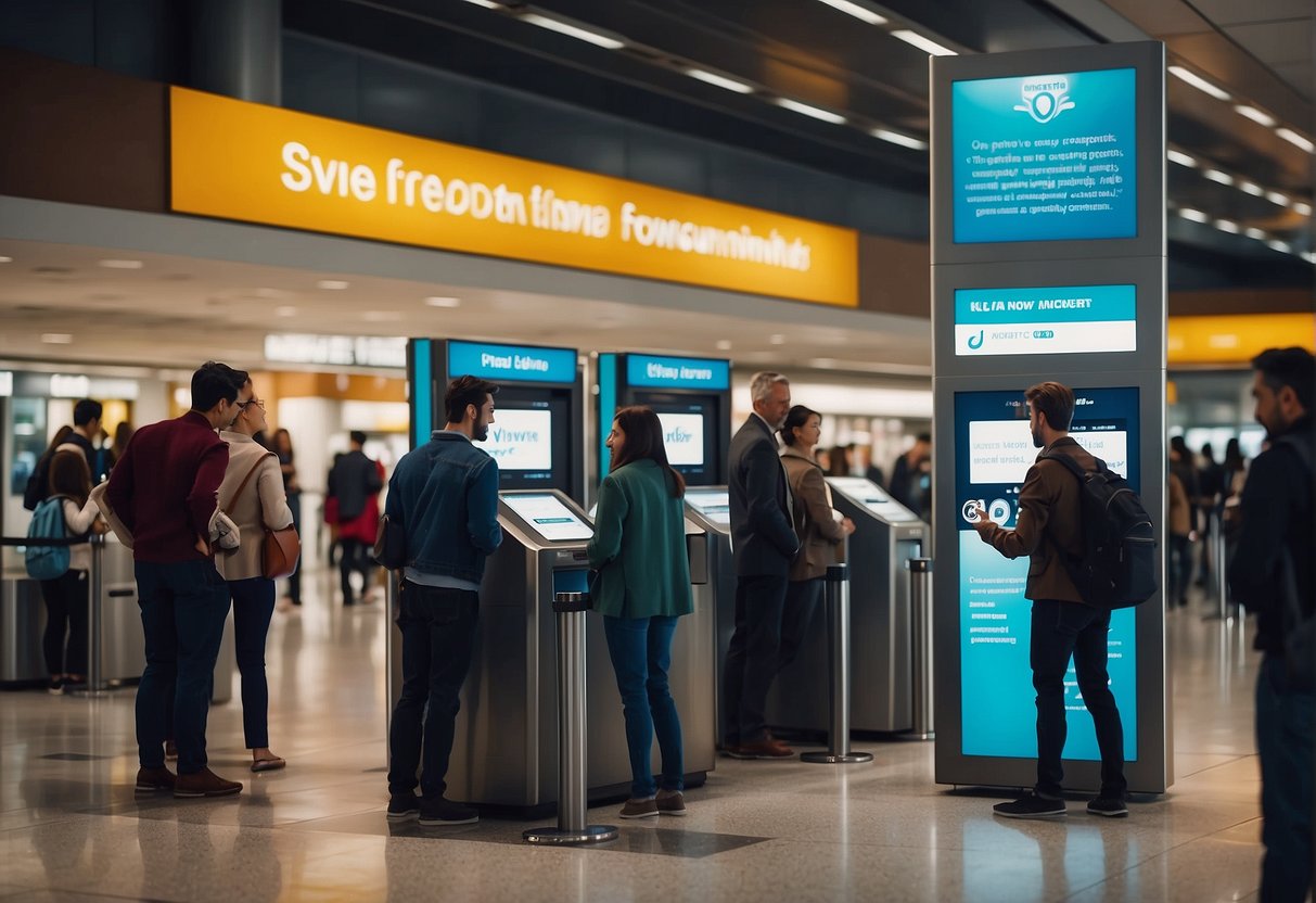 Passengers lining up at airport kiosks, receiving vouchers from staff. Signs promoting promotions in the background