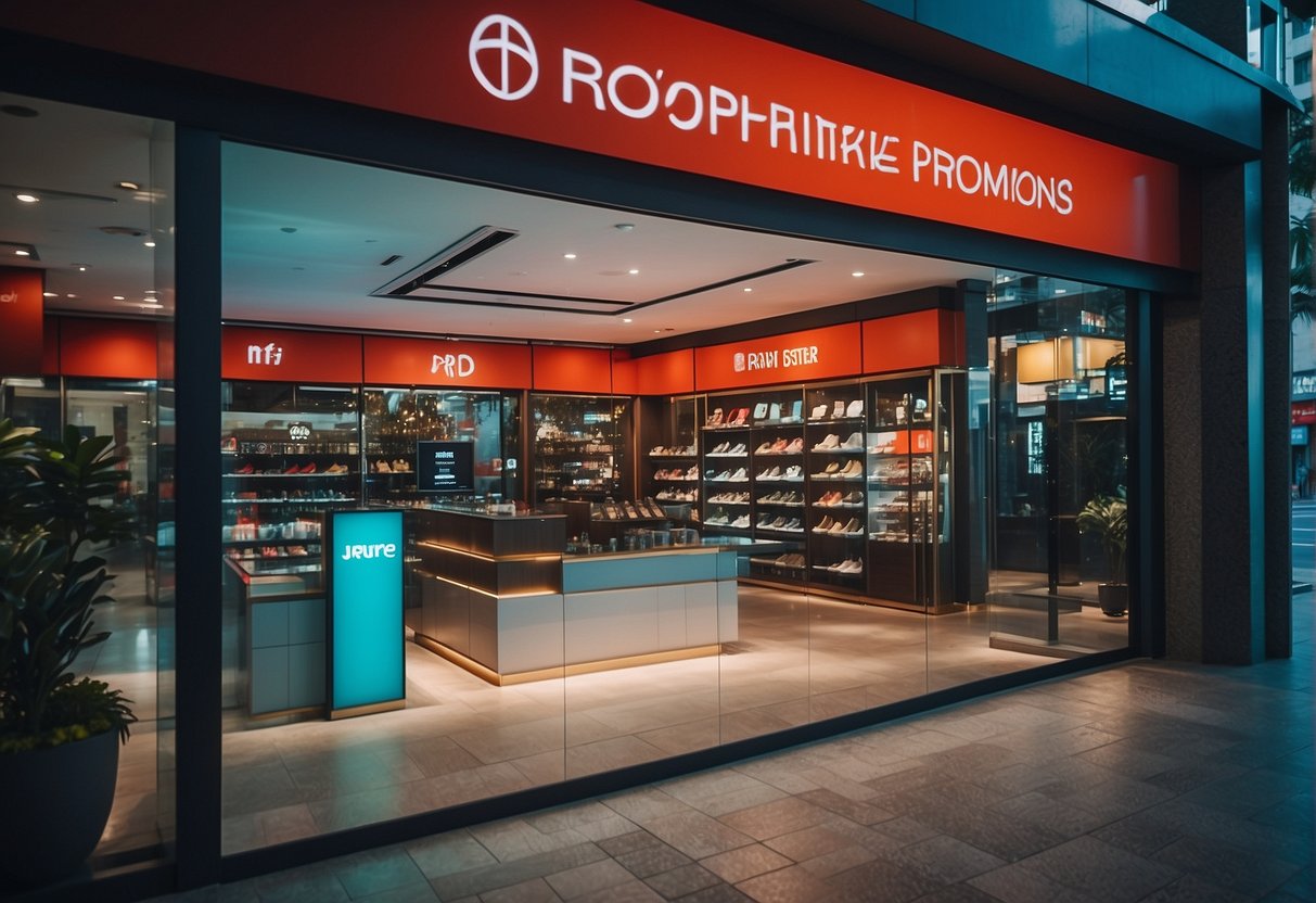 A vibrant city skyline with a sleek, modern shoe store front, adorned with bold "Unprecedented 2024 Shoe Promotions" signage in Singapore