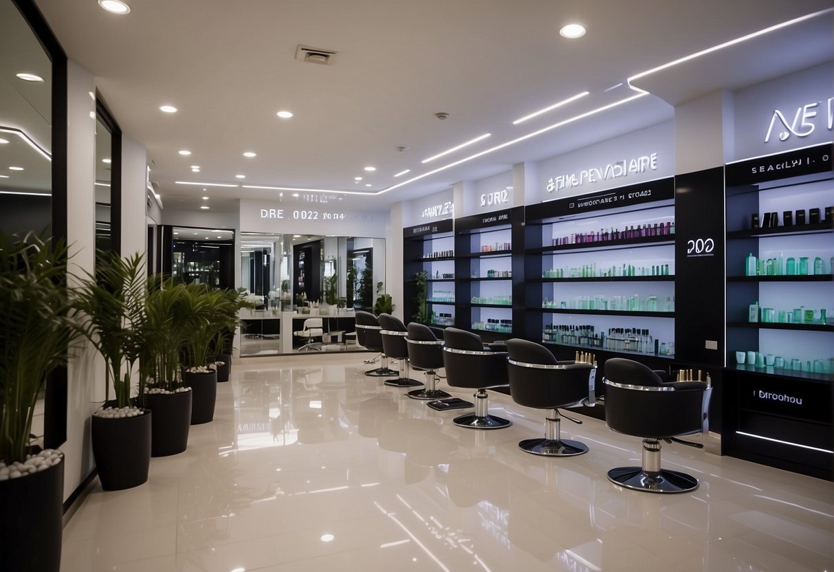 A sleek and modern salon setting with prominent "Exclusive 2024 Haircare Promotions" signage and a display of rebonding products in Singapore