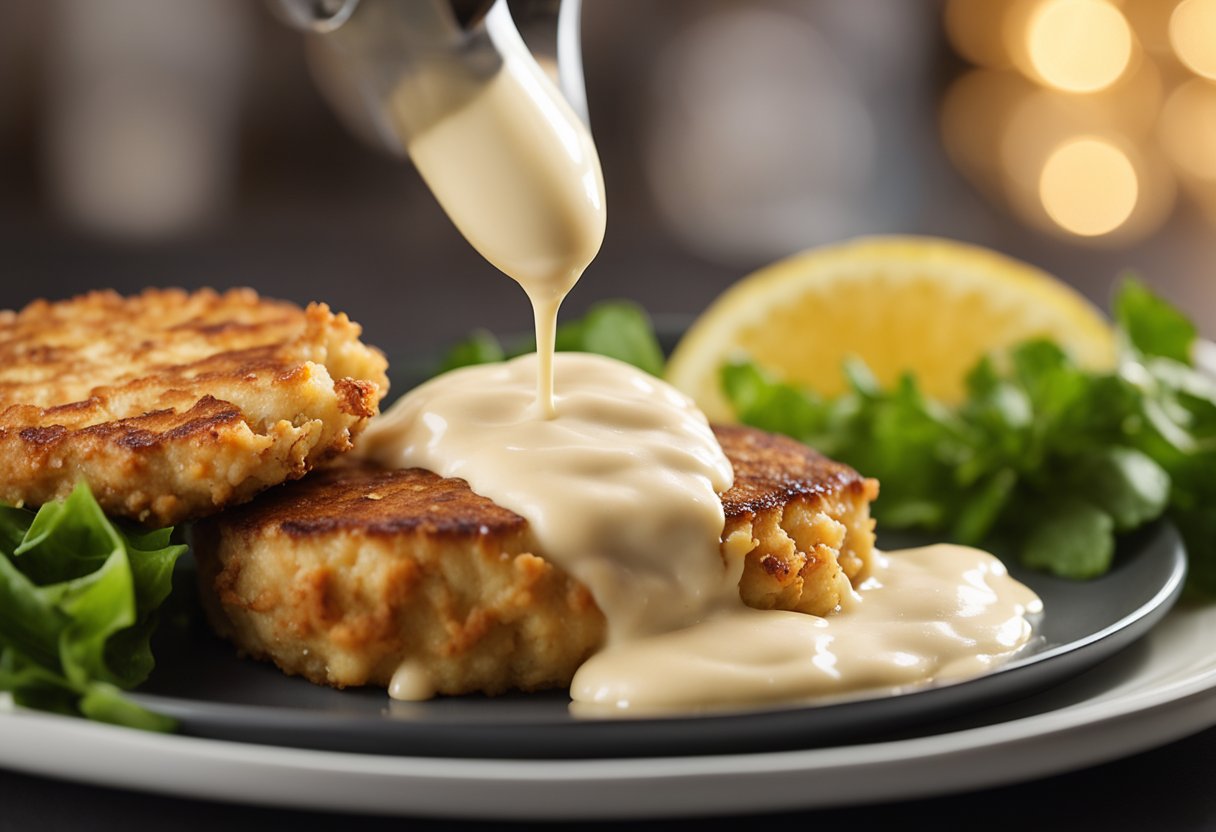 A dollop of mayo is being drizzled over a freshly made crab cake, the creamy sauce glistening in the soft light