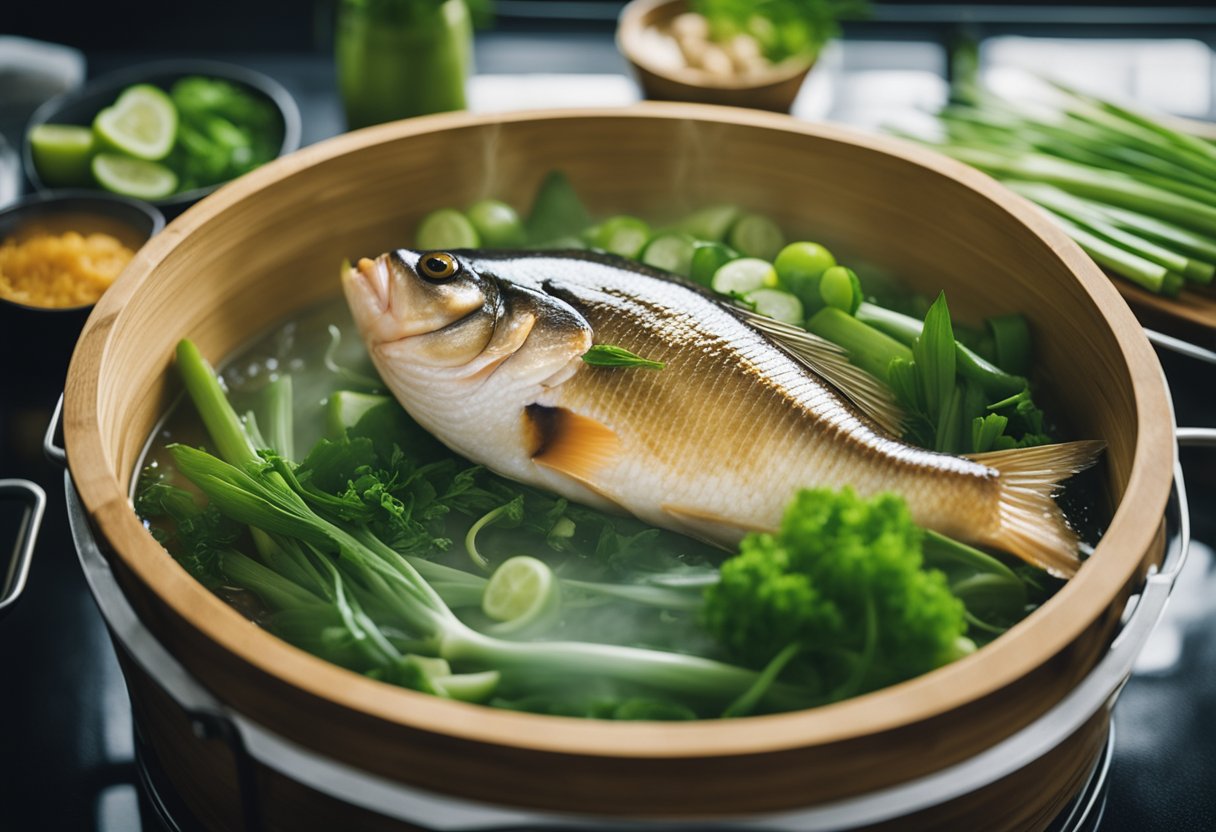 A whole fish, covered in ginger and green onions, steams in a bamboo steamer over boiling water