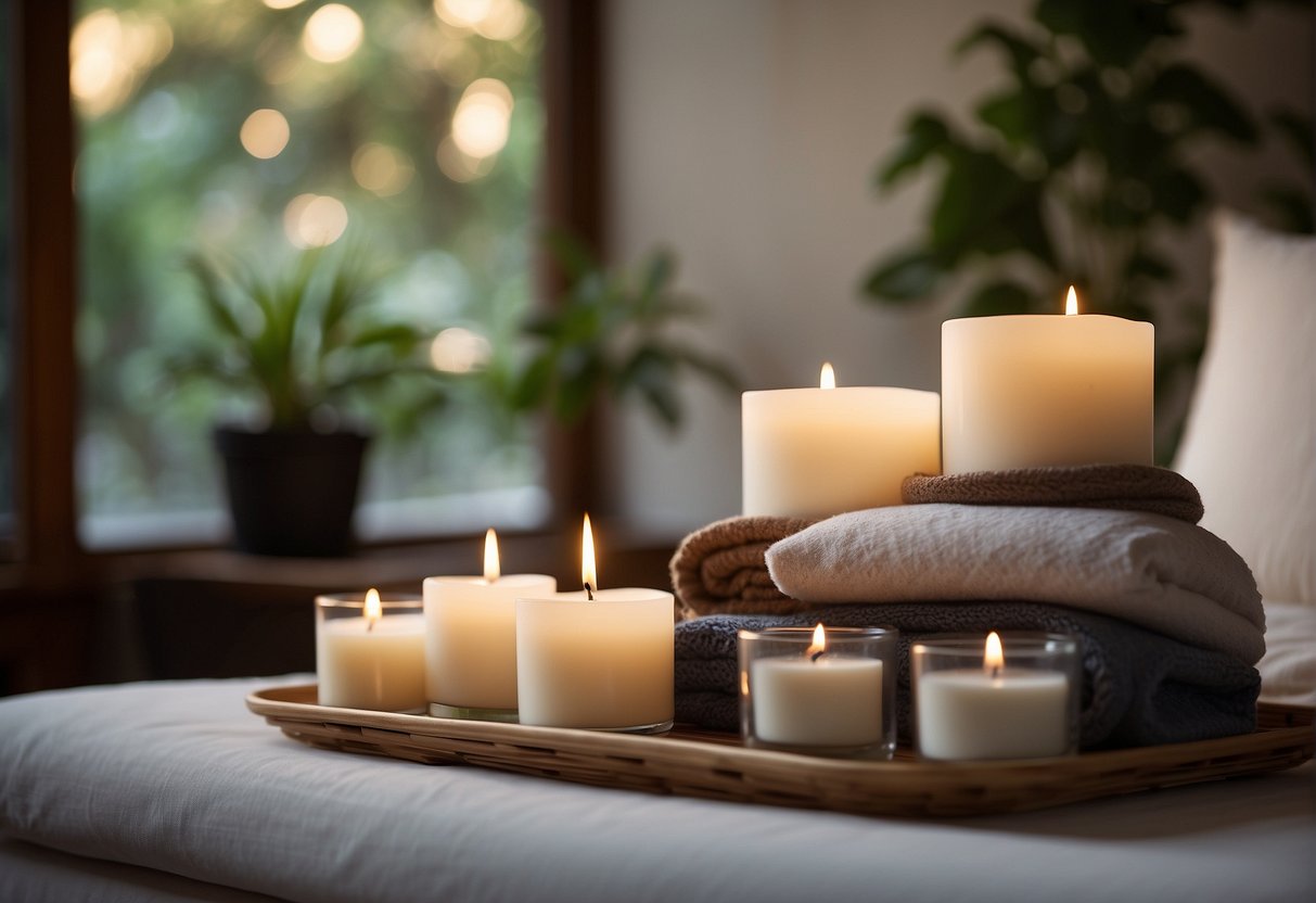 A serene spa with calming decor, soft lighting, and plush seating. Aromatherapy scents fill the air, and soothing music plays in the background