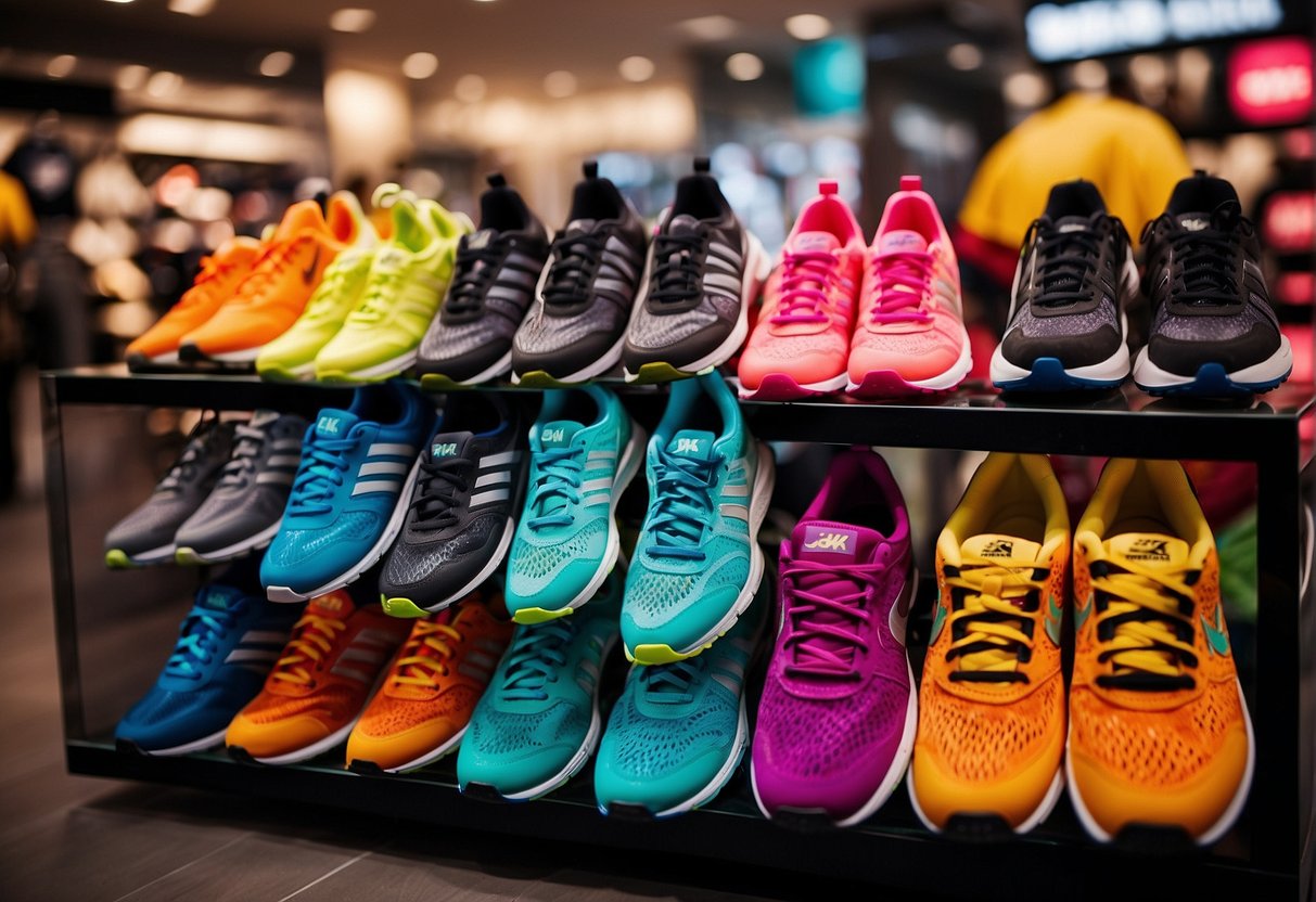 A display of colorful running shoes with "Exclusive Offers for Sports Enthusiasts" signage in a vibrant, bustling store in Singapore