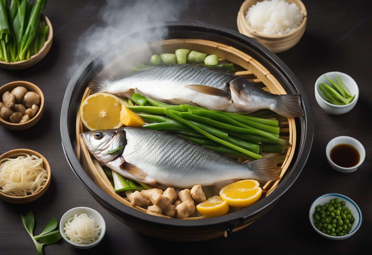 A whole fish steaming in a bamboo steamer, surrounded by ginger, scallions, and soy sauce. A cloud of steam rises from the pot