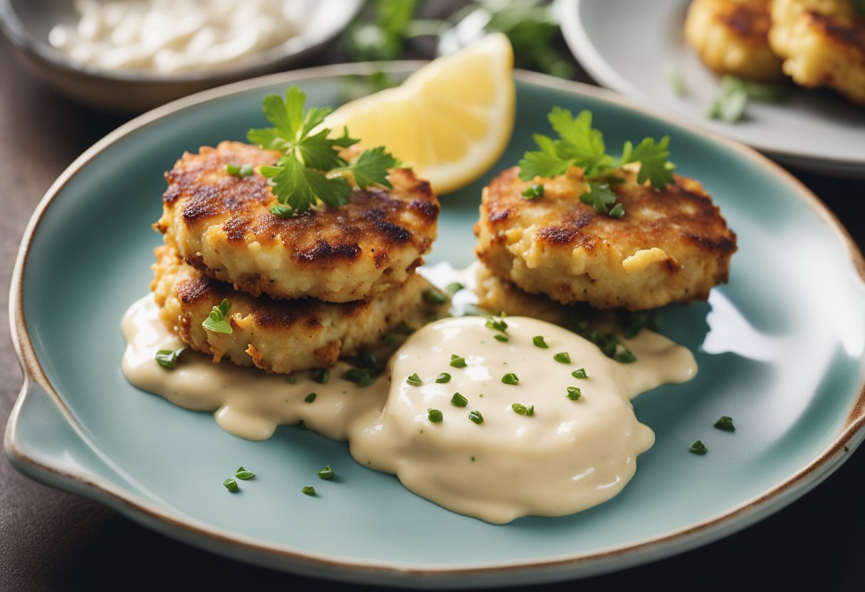 A dollop of creamy mayo sauce is drizzled over golden brown crab cakes, adding a savory touch to the dish