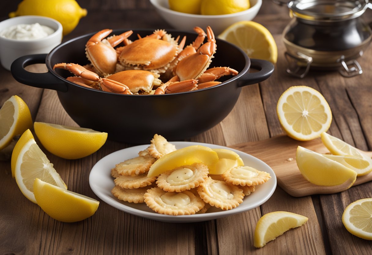Crab crackers, lemon wedges, and a bowl of melted butter arranged on a wooden table. A steaming pot of freshly cooked crabs sits nearby
