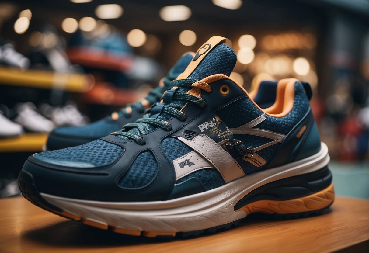 A stack of running shoes with promotional signage in a bustling Singapore store