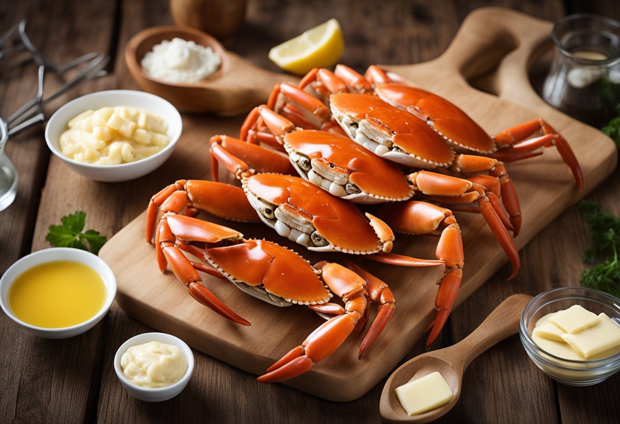 A set of crab crackers and tools neatly arranged on a wooden cutting board, surrounded by fresh crab legs and a bowl of melted butter