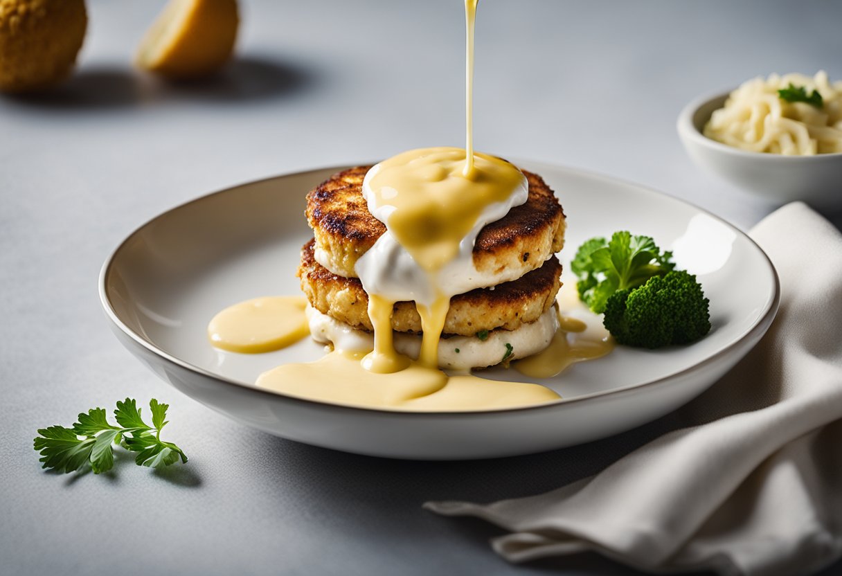 A bowl of creamy mayo being drizzled over a golden brown crab cake