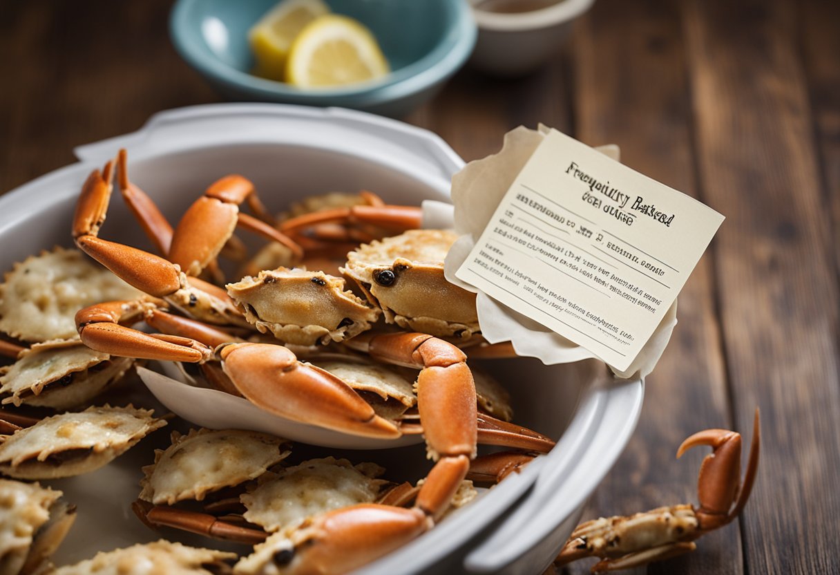 A crab cracker sits next to a bowl of steamed crabs, with a stack of recipe cards labeled "Frequently Asked Questions" nearby
