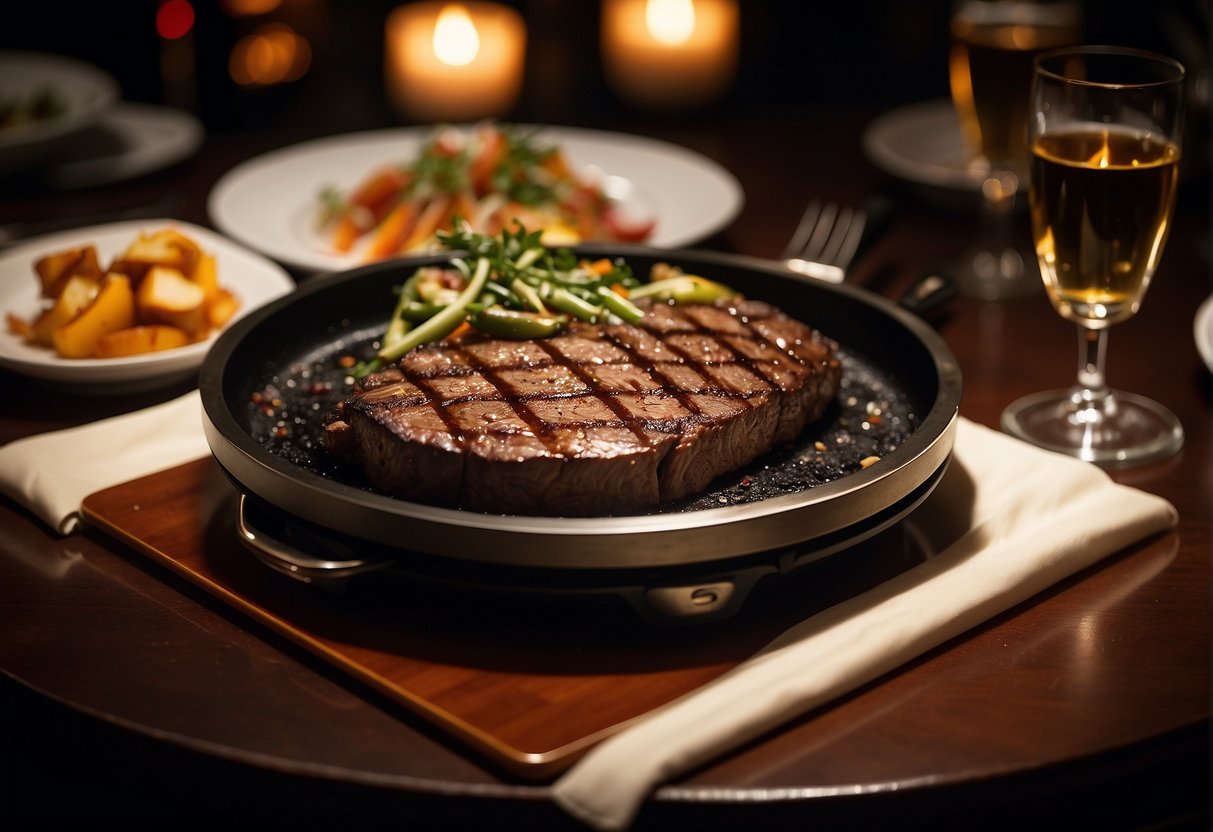 A sizzling steak on a hot plate, surrounded by elegant table settings and dim lighting at Ruth's Chris Promotions in Singapore