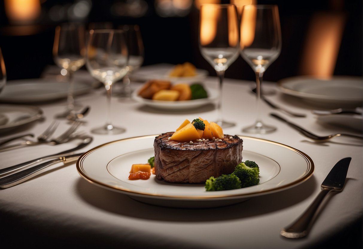 A luxurious dining setting with elegant tableware, dim lighting, and a menu showcasing exclusive promotions at Ruth's Chris Steak House in Singapore