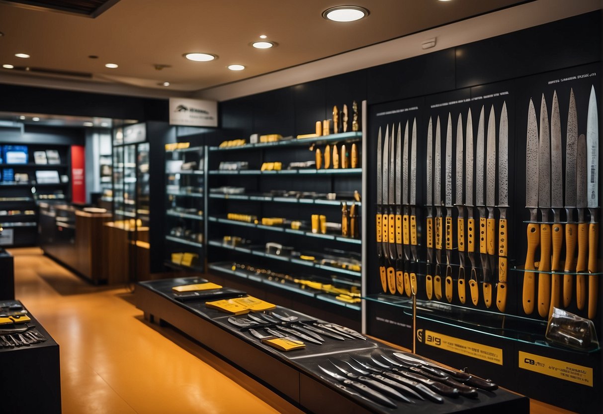 The Knifecenter promotions in Singapore feature a display of various knives and cutting tools, with vibrant signage and attractive discounts
