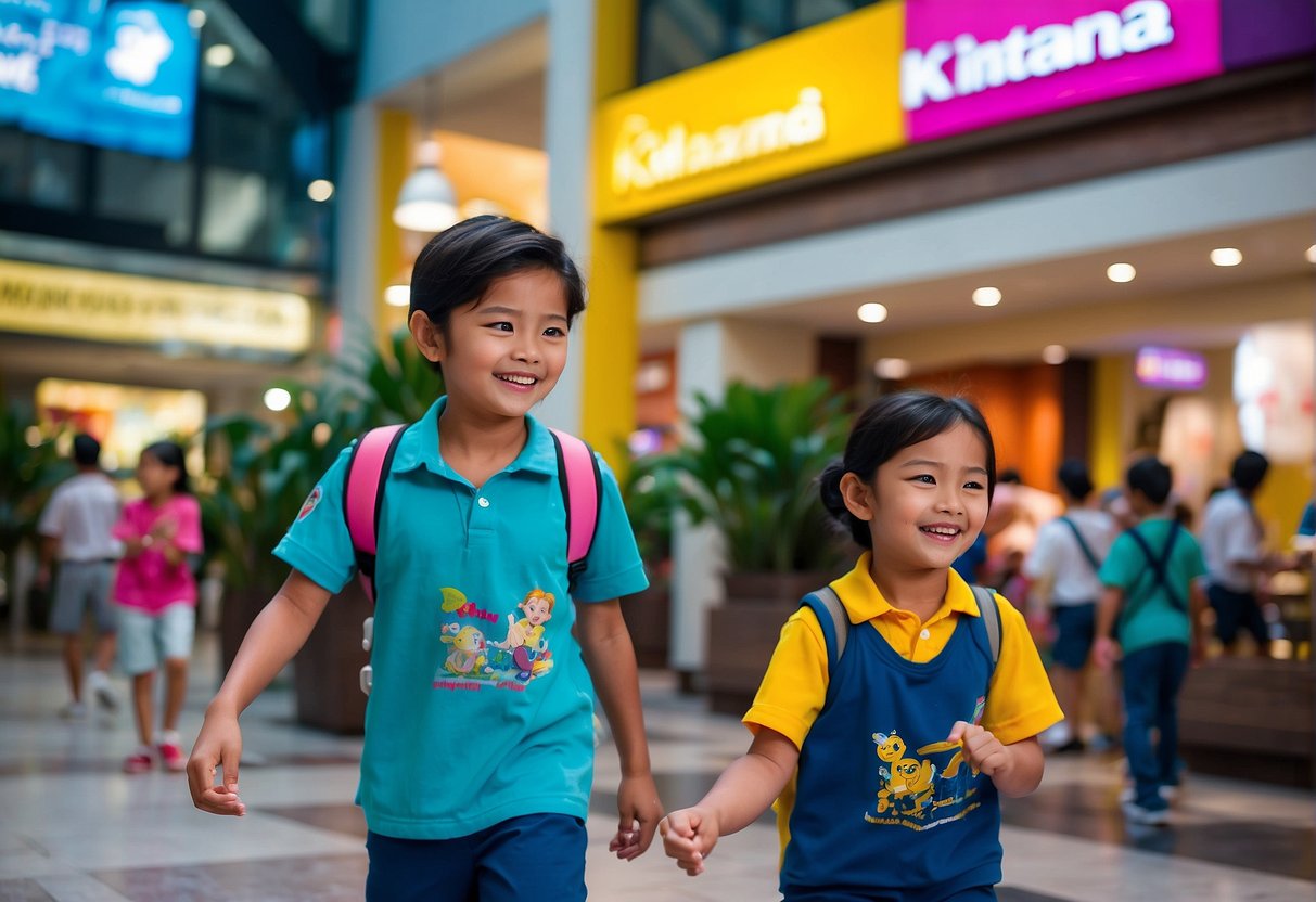 Children playing in Kidzania Singapore, surrounded by Maybank Exclusive Deals promotions. Bright colors and happy faces fill the scene