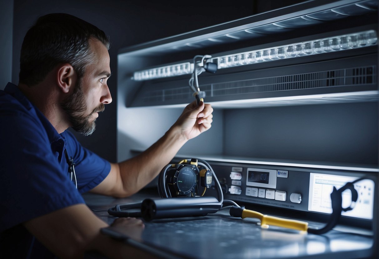 A technician measures and calculates room dimensions and heat loads for HVAC system design