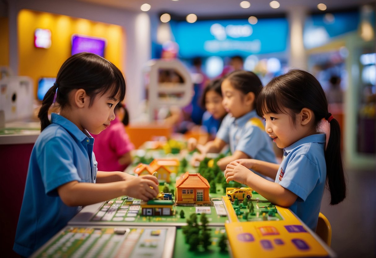 Children play and learn at Kidzania Singapore, surrounded by colorful promotional materials