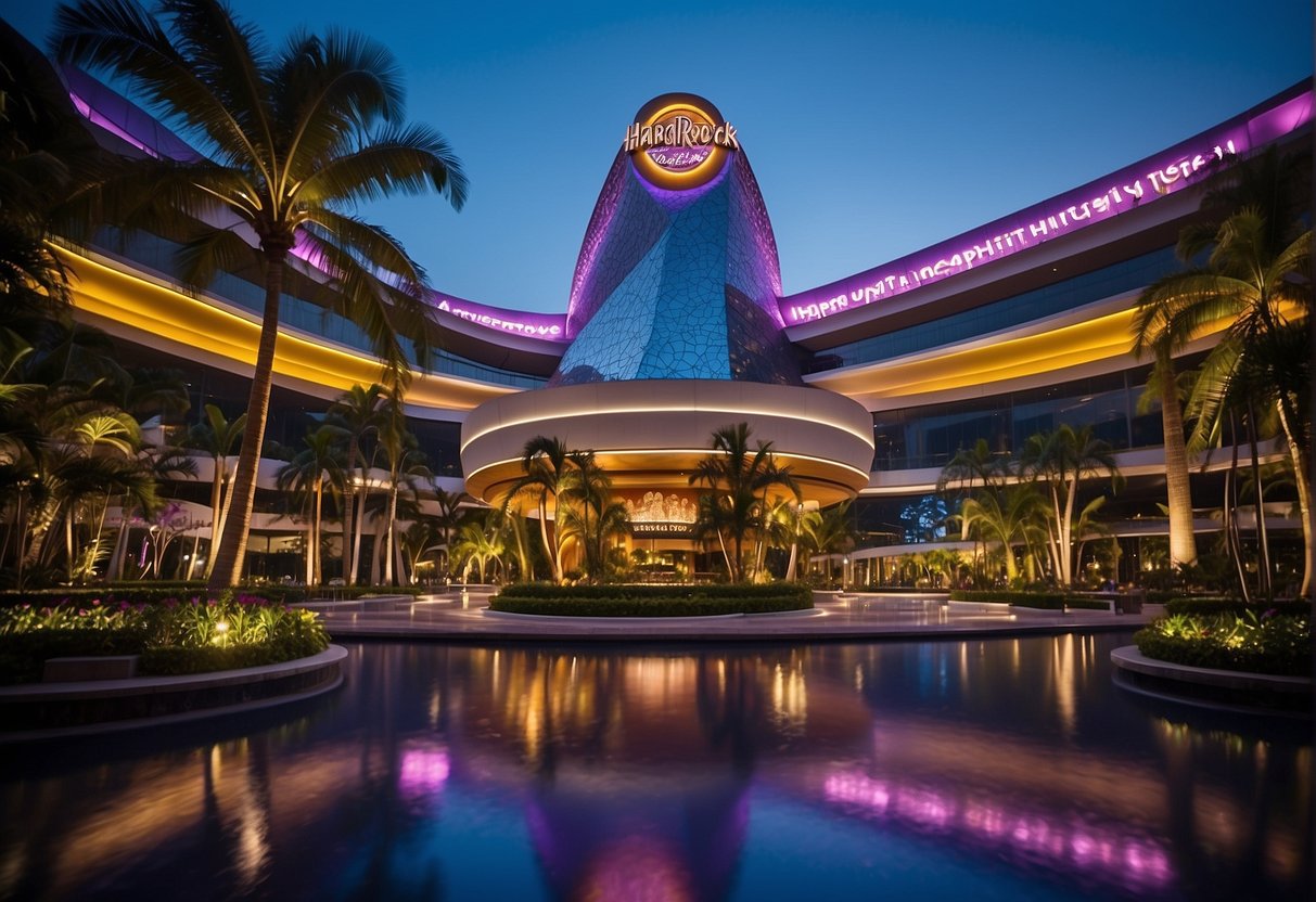 The Hard Rock Hotel in Singapore showcases its promotions with bold signage and vibrant displays, enticing guests with special offers and packages