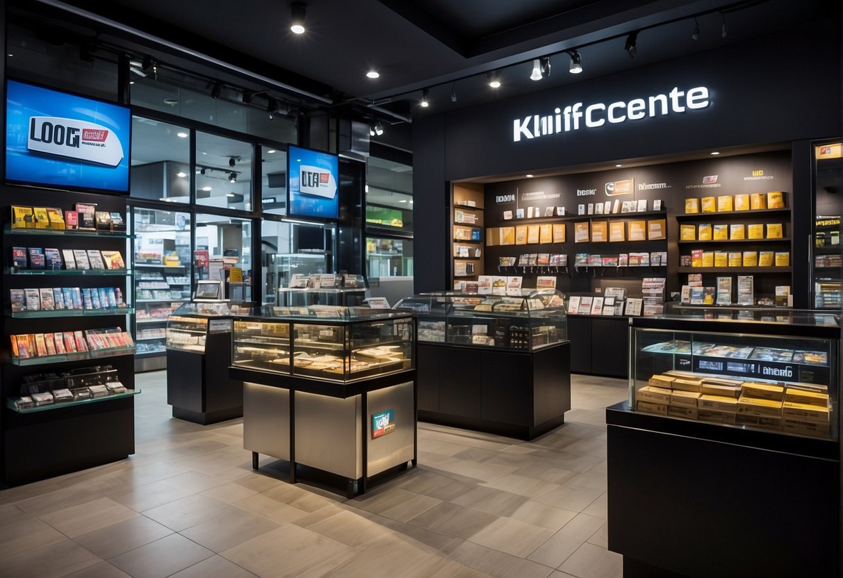 The scene shows a display of various promotional items at Knifecenter in Singapore. Bright signage and attractive product placement draw the viewer's attention